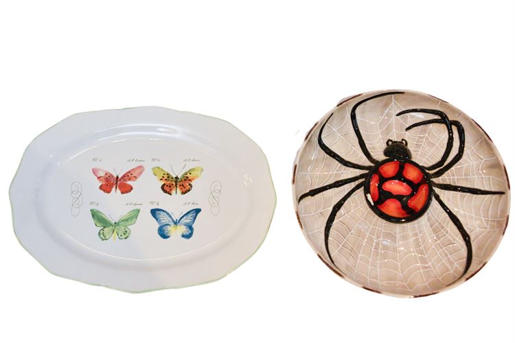 Painted Butterfly Platter and Spider Themed Dip Bowl