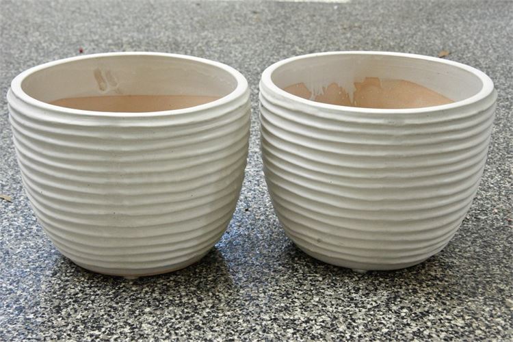 Pair, Large Ribbed White Planters