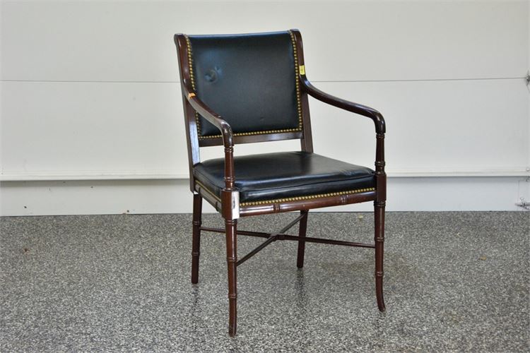 Leather Upholstered Mahogany Open Armchair With Tack Trim