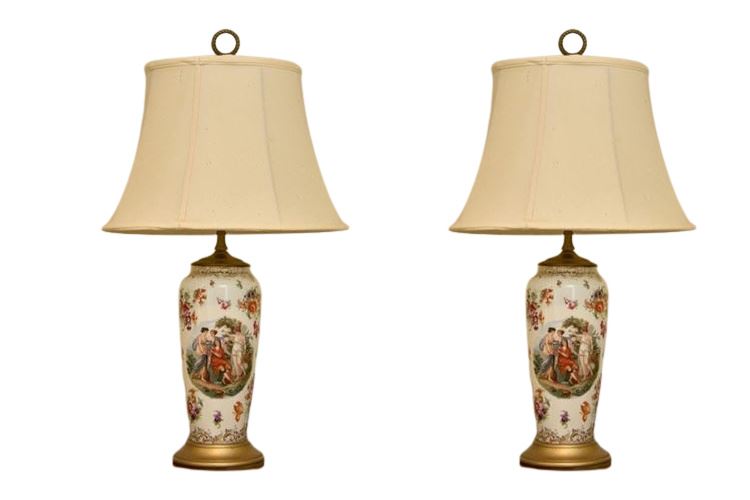 Pair, Porcelain Floral Pattern Table Lamps With Shades