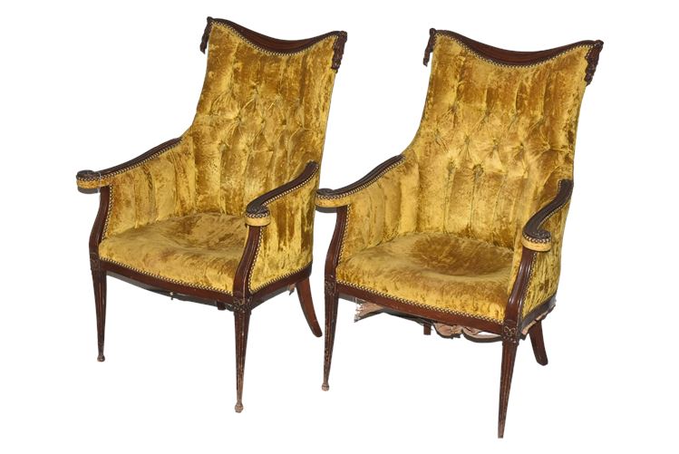 Pair, Mahogany Frame Tufted and Upholstered Armchairs With Tack Trim