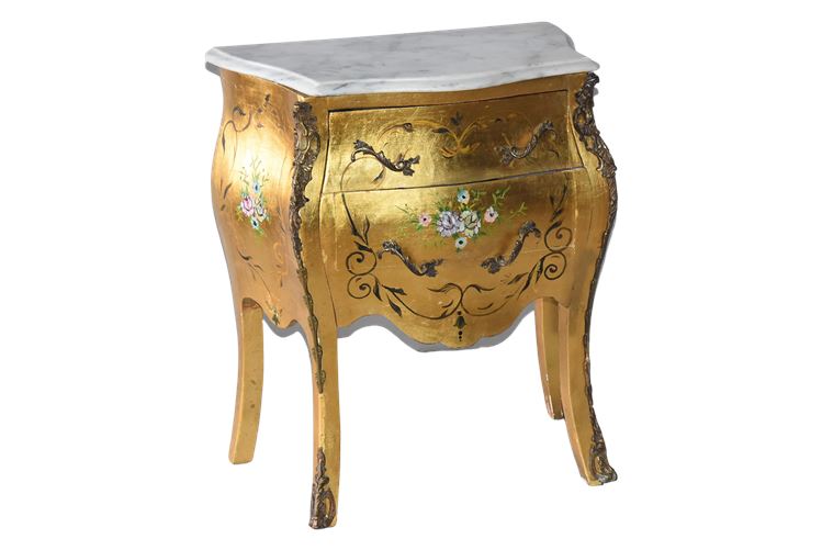 Gilt and Painted Bombe Marble Top Chest