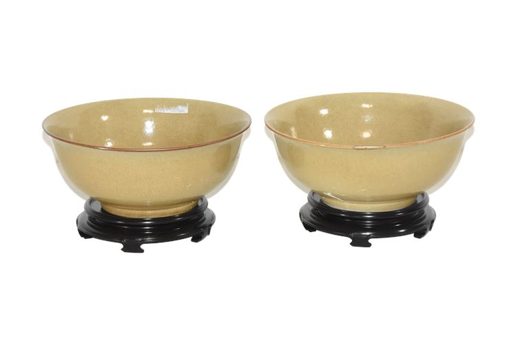Pair Large Asian Porcelain Bowls On Stand