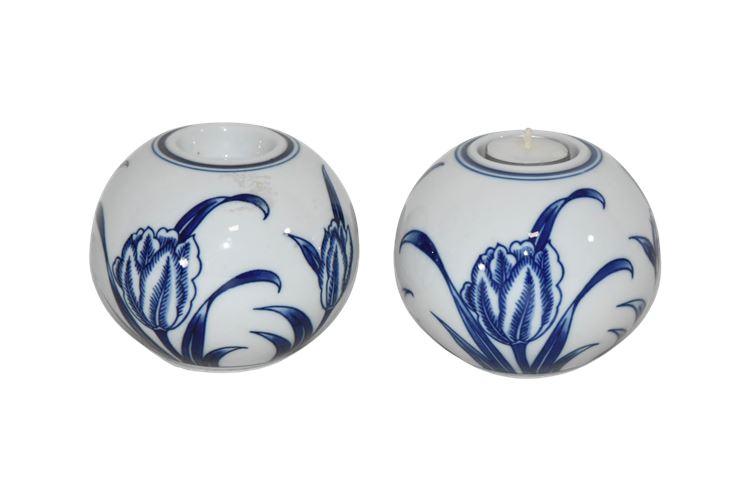 Pair, Blue and White Floral Pattern Candle Holders