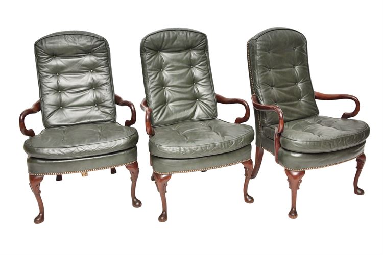 Three (3) Tufted Leather Open Armchairs With Tack Trim