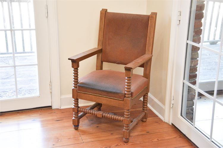 Wood Frame Leather Upholstered Armchair With Tack Trim