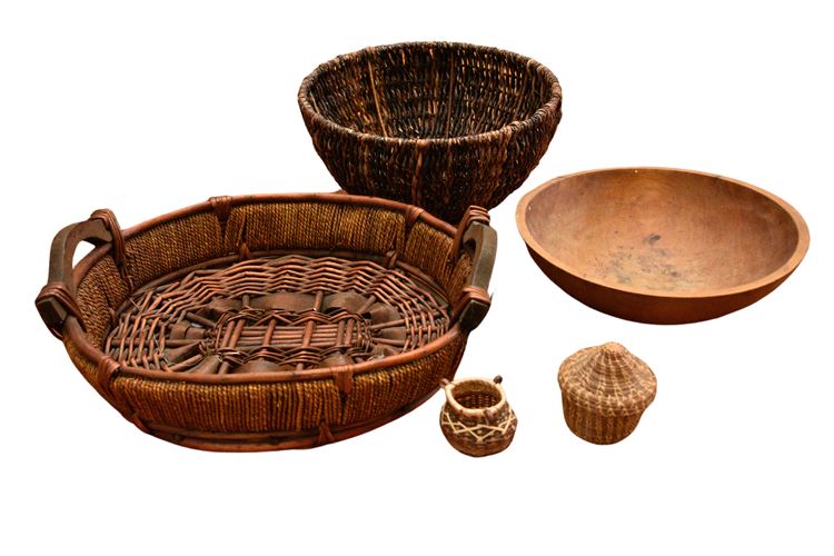 Group Woven and Wood Baskets and Bowls