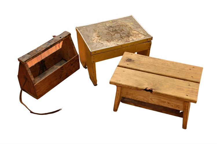 Two (2) Wooden Stools and Tool Box
