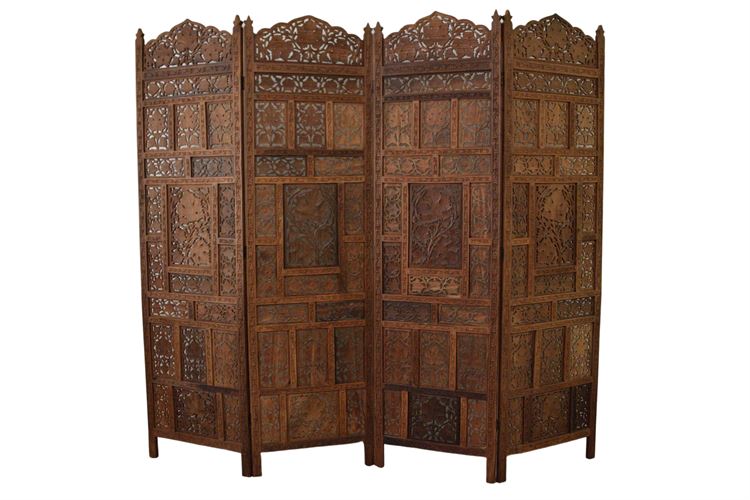 Hand Carved Teak Four Panel Screen