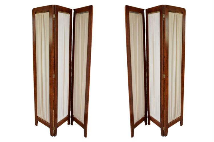 Pair, Wood and Fabric Three Panel Screens