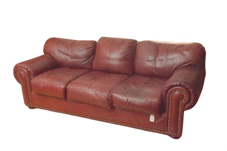 Red Leather Couch With Tack Trim