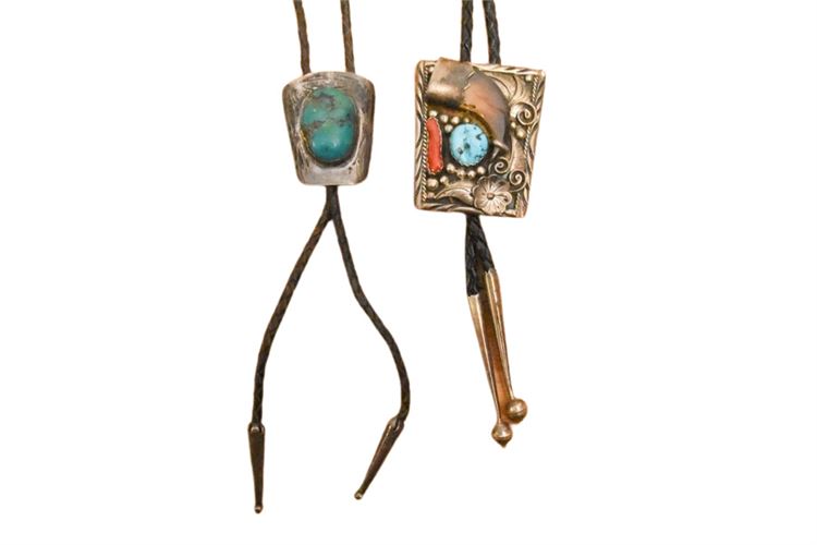 Native American Sterling Silver Turquoise Coral Claw Bolo Ties Artist Signed