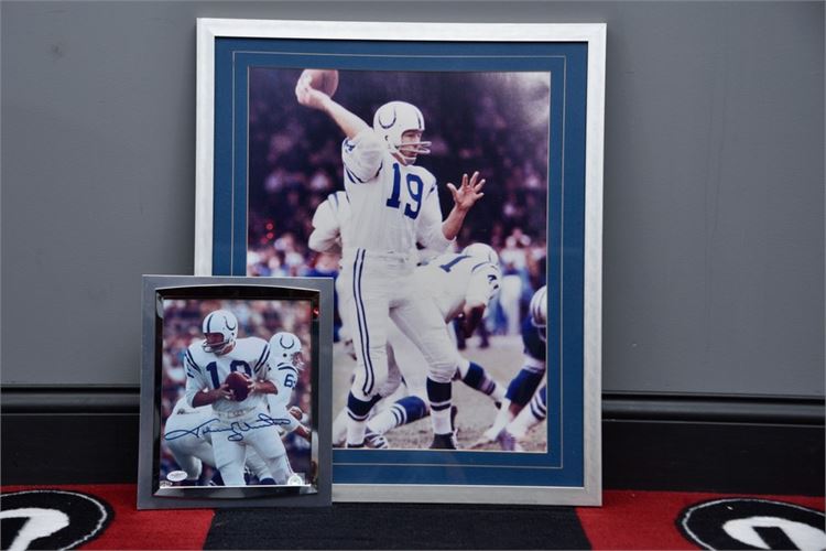 Two (2) Framed Johnny Unitas Photographs One Autographed