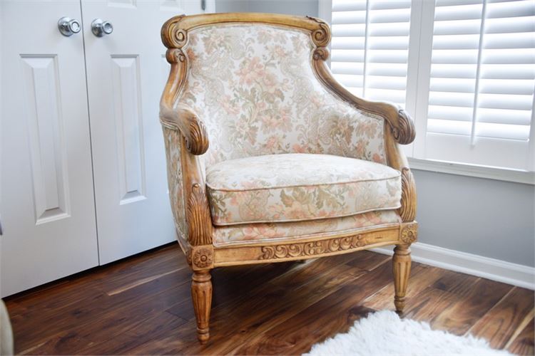 Carved Wood Upholstered Armchair