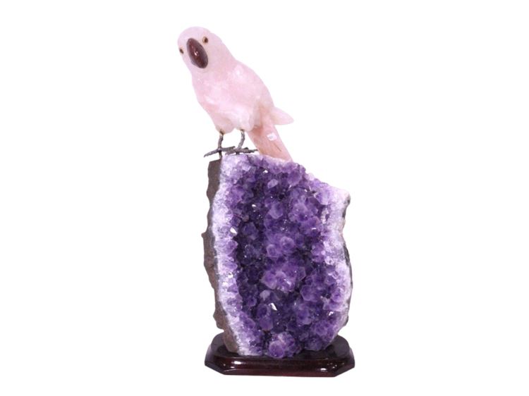 Carved Rose Quartz Parrot Amethyst Geode