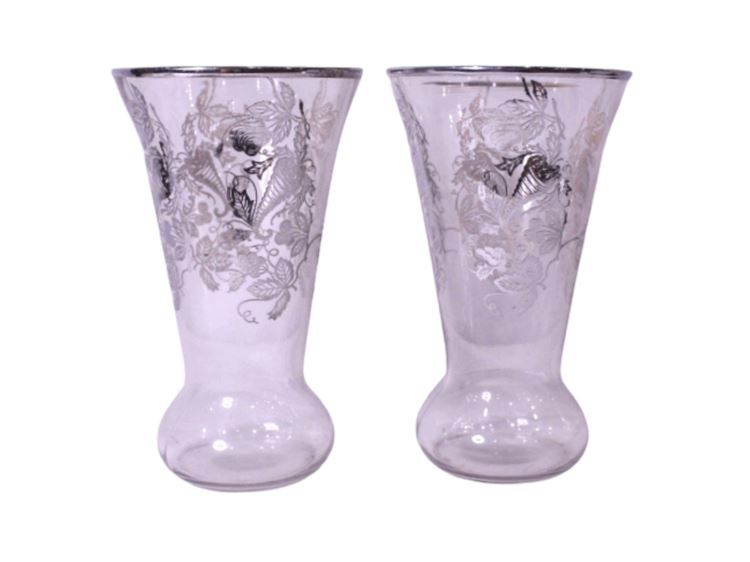 Large Pair Silver Etched Glass Vases