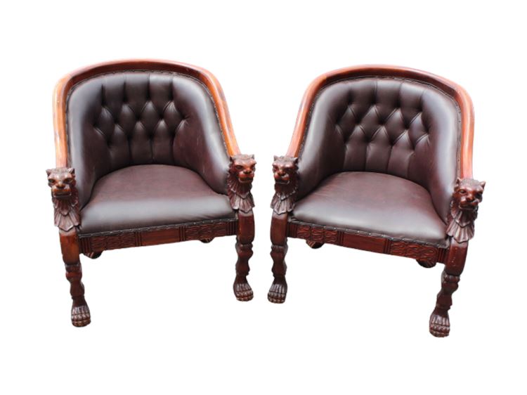 Pair Neoclassical Style Lion Head Chairs, c. 1900-1920s