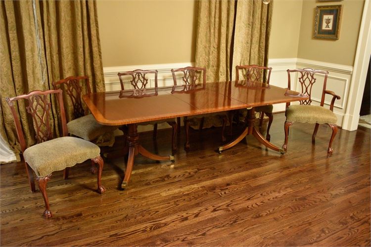 Dual Pedal Base Dining Table & Six (6) Ribbon Back Dining Chairs