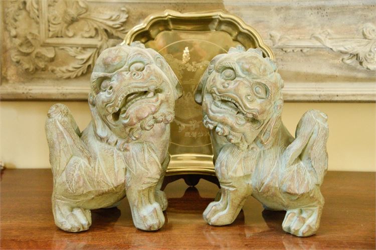 Pair Foo Dog Figures and Decorative Tray