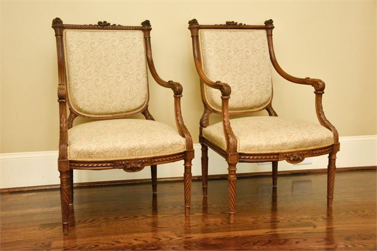 Pair Finely Carved and Upholstered Open Armchairs