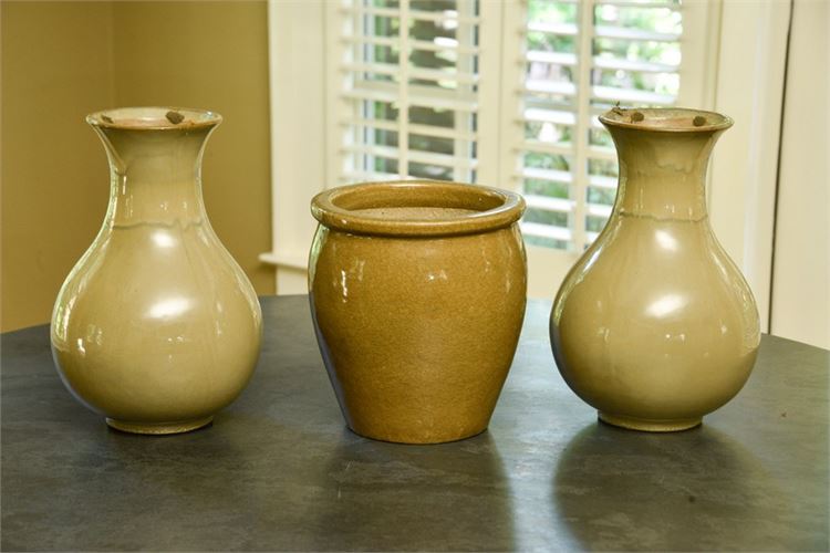 Three (3) Green Glazed Vases