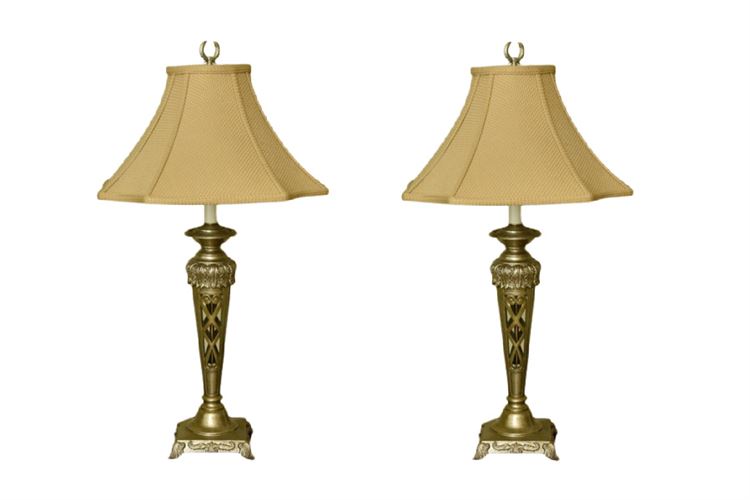 Pair Silver Painted Table Lamps With Shades