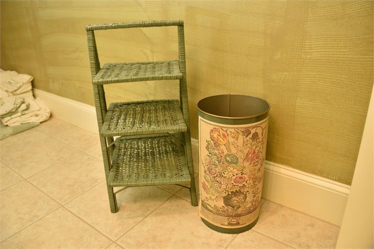 Painted Wicker Stand and Floral Pattern Waste Basket