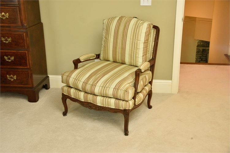 SHERRILL Carved Wood Upholstered Open Armchair