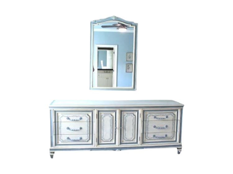 Vintage Blue and White Painted Dresser and Mirror