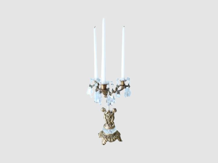 Three Port Figural Bronze Candelabra With Glass Prisms