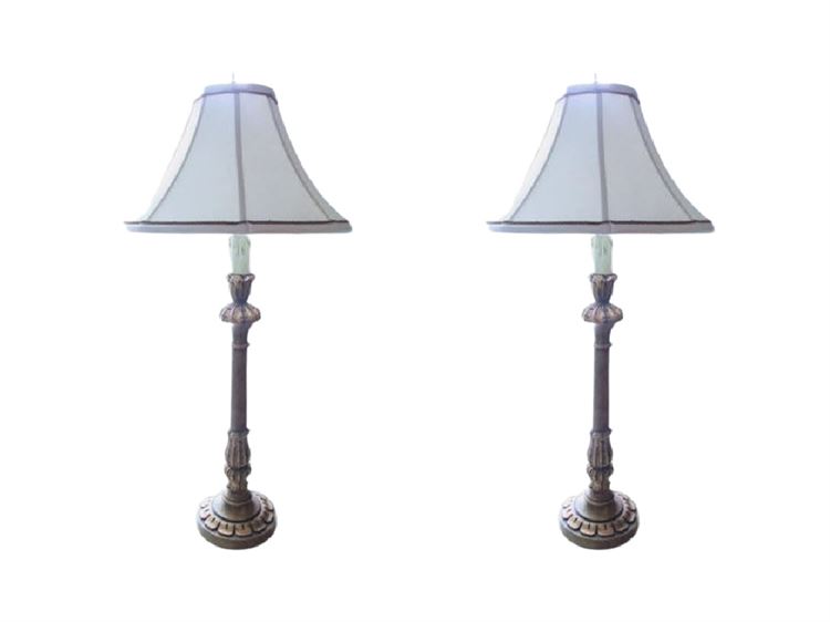 Pair Painted Decorated Stick Lamps With Shades