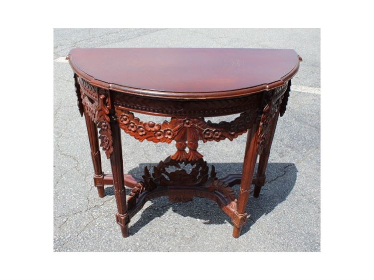 Rosewood Demilune Table with Carved Floral Swags