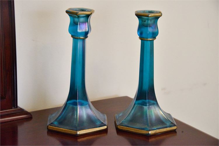 Pair Blue Glass Candle Holders With Gold Painted Accents