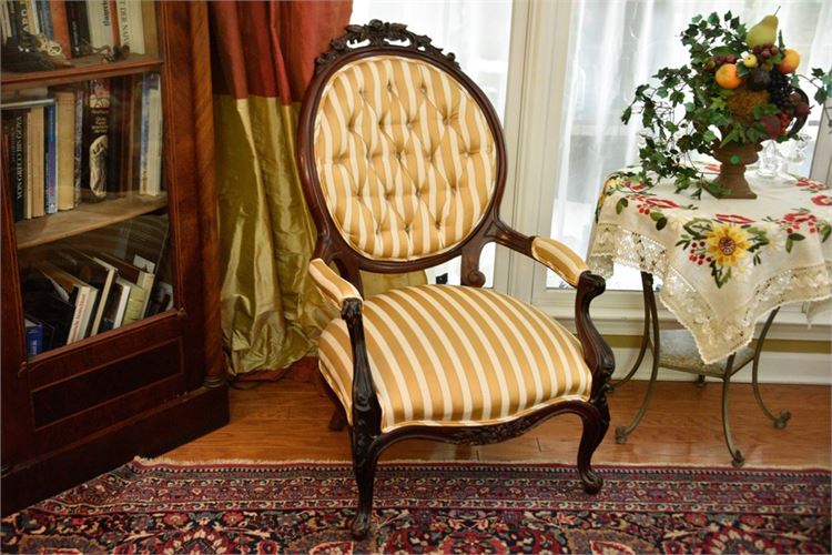 Carved Mahogany Tufted and Upholstered Open Armchair