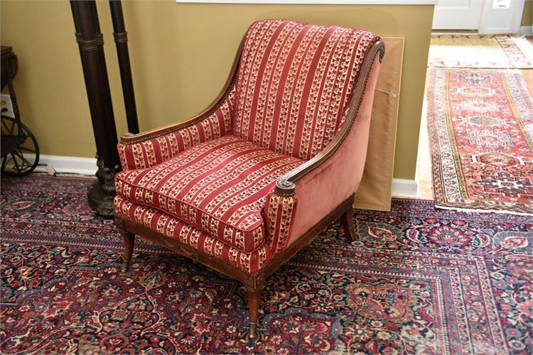 Wood Frame Upholstered Armchair With Carved Details and Tack Trim