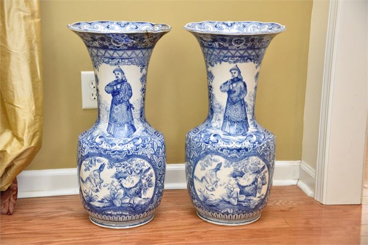 Pair Palace Sized Blue and White Chinese Porcelain Vases