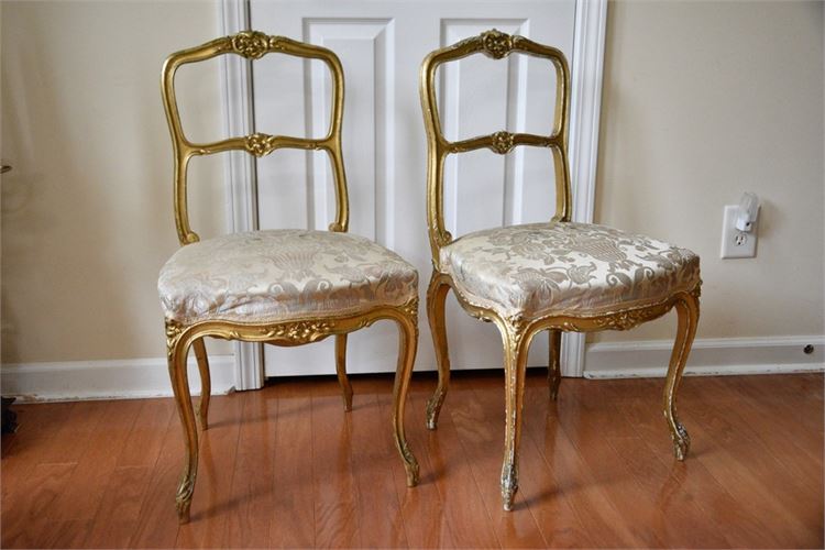 Pair Gilt Accent Chairs With Upholstered Seats