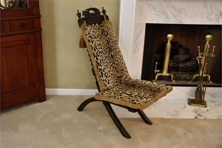 Moroccan Carved Wood Champaign Chair With Leopard Print Cushions