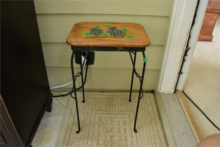 Paint Decorated Wood Top Table With Metal Base