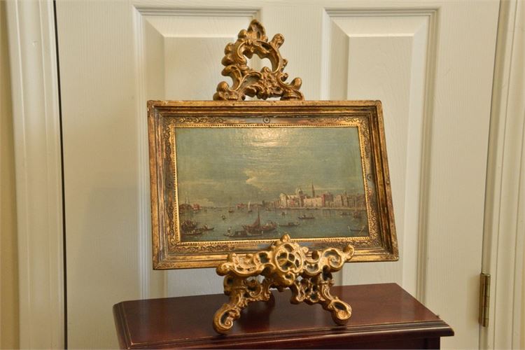 Antique Oil on Board Canal Scene with Gilt Stand