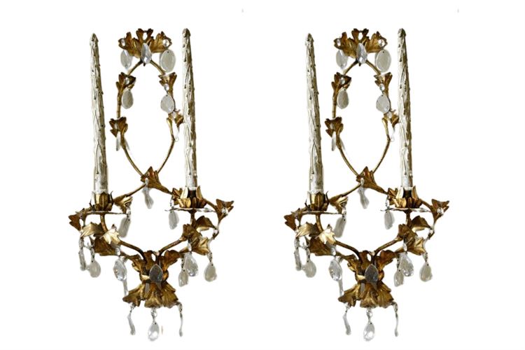 Pair Two Port Gilt Wall Sconces With Glass Prisms