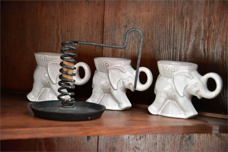 Three (3) FRANKOMA Elephant Figures and Vintage Candle Holder