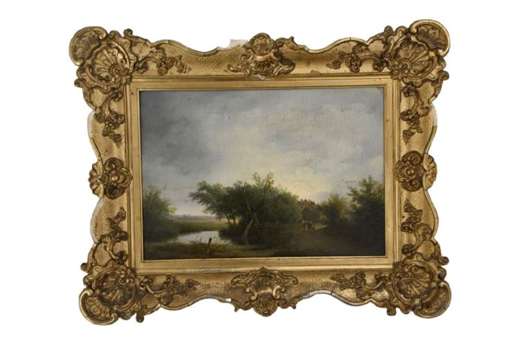 Oil On Canvas Landscape In Ornate Gilt Frame