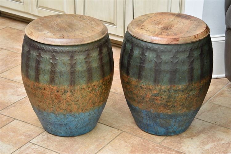 Pair Paint Decorated Drum Form End Tables