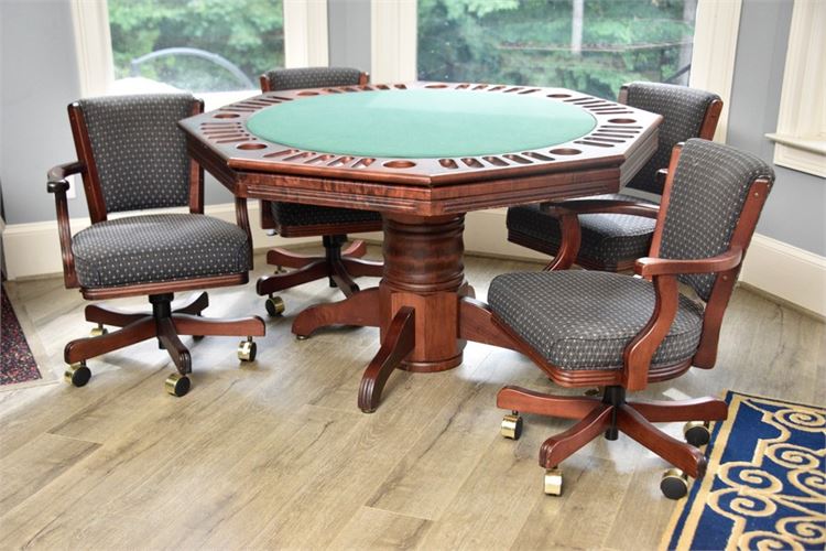 Octagonal Games Table With Four (4) upholstered Rolling Armchairs