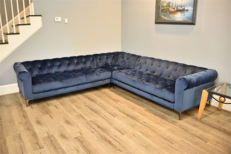 Tufted Navy L Shaped Sectional Sofa With Brass Feet