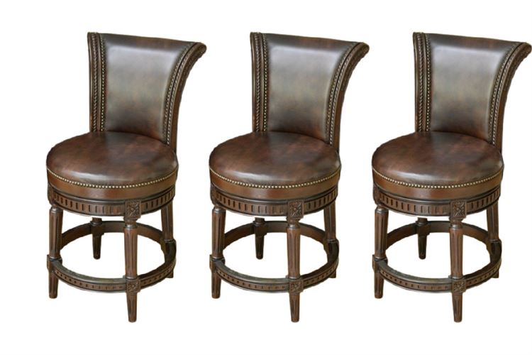 Three (3) Classical Style Leather Upholstered Stools With Tack Trim