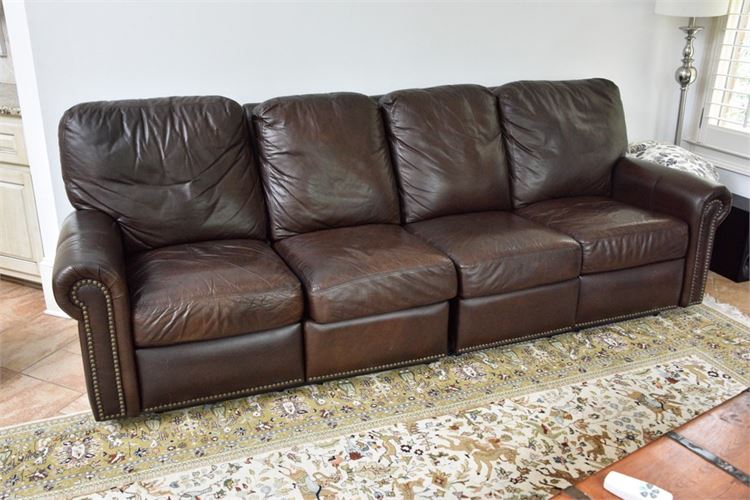 Brown Leather Rolled Arm Recliner Sofa With Tack Trim