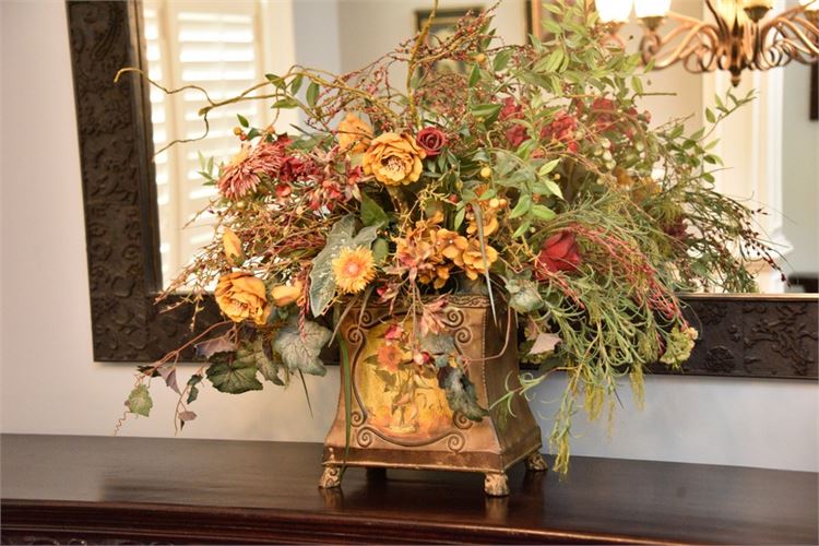 Paint Decorated Planter With Faux Floral Arrangement