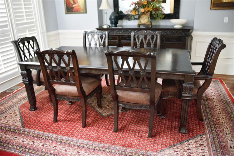 Dining Table W/ Carved Detail and Six (6) Ribbon Back Dining Chairs